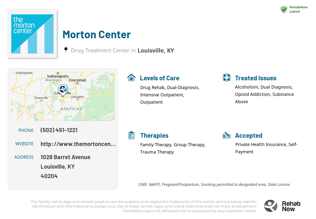 Helpful reference information for Morton Center, a drug treatment center in Kentucky located at: 1028 Barret Avenue, Louisville, KY, 40204, including phone numbers, official website, and more. Listed briefly is an overview of Levels of Care, Therapies Offered, Issues Treated, and accepted forms of Payment Methods.