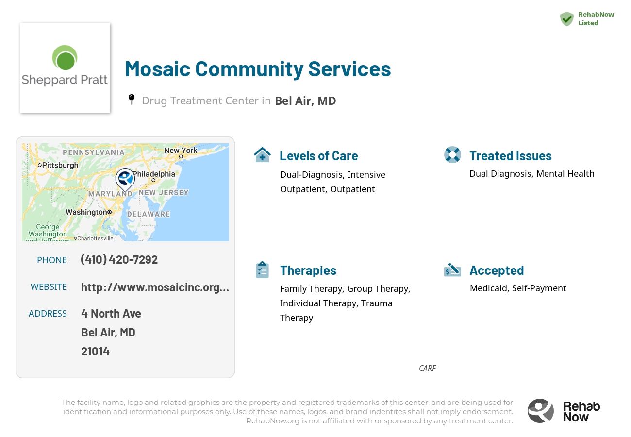 Helpful reference information for Mosaic Community Services, a drug treatment center in Maryland located at: 4 North Ave, Bel Air, MD 21014, including phone numbers, official website, and more. Listed briefly is an overview of Levels of Care, Therapies Offered, Issues Treated, and accepted forms of Payment Methods.