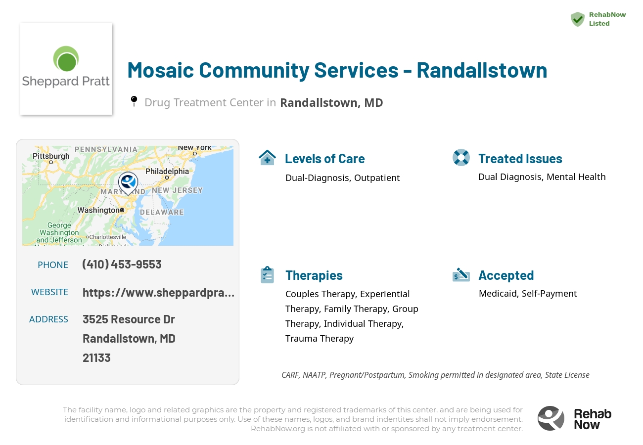 Helpful reference information for Mosaic Community Services - Randallstown, a drug treatment center in Maryland located at: 3525 Resource Dr, Randallstown, MD 21133, including phone numbers, official website, and more. Listed briefly is an overview of Levels of Care, Therapies Offered, Issues Treated, and accepted forms of Payment Methods.