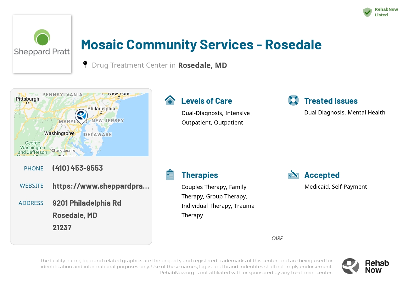 Helpful reference information for Mosaic Community Services - Rosedale, a drug treatment center in Maryland located at: 9201 Philadelphia Rd, Rosedale, MD 21237, including phone numbers, official website, and more. Listed briefly is an overview of Levels of Care, Therapies Offered, Issues Treated, and accepted forms of Payment Methods.