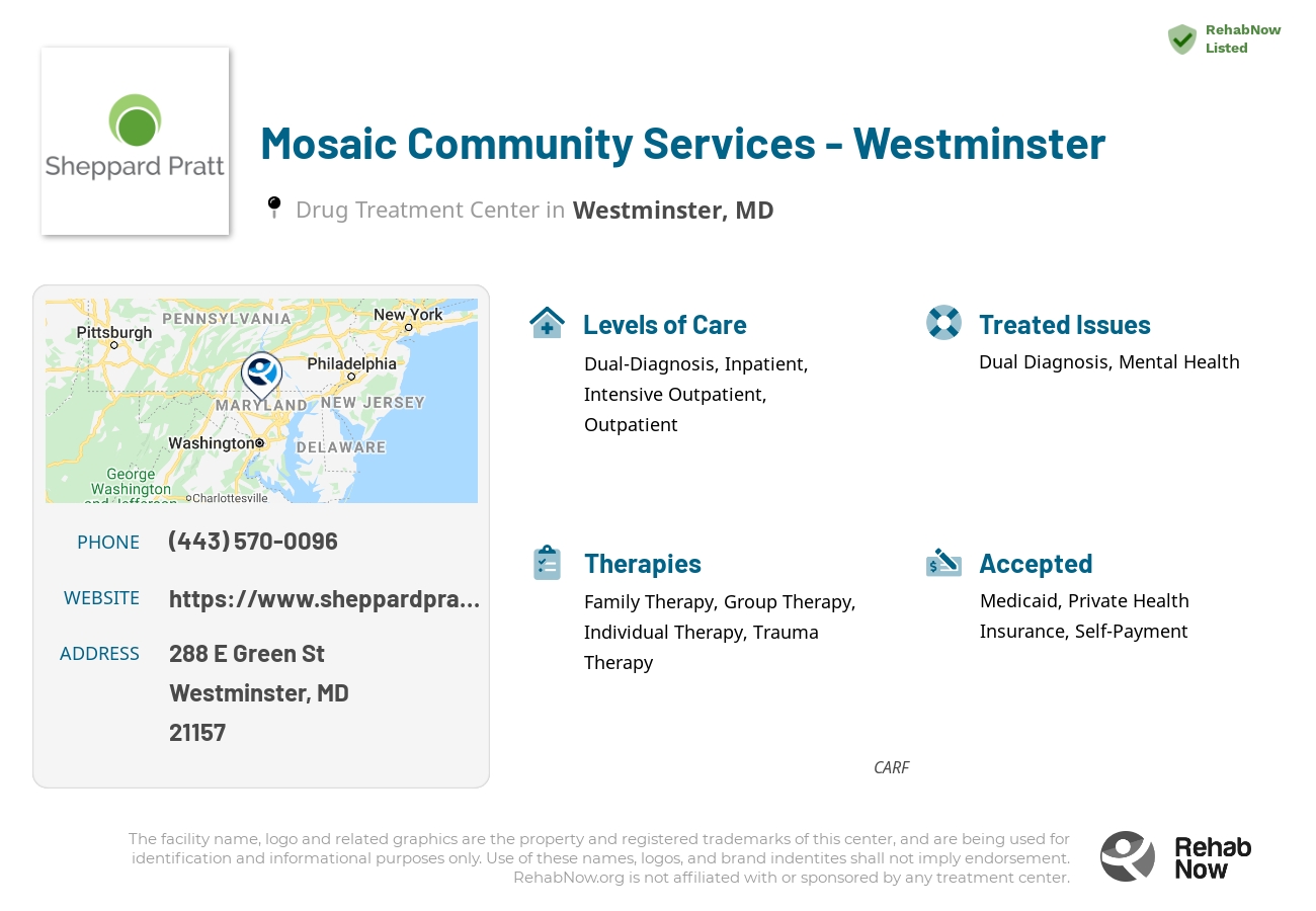 Helpful reference information for Mosaic Community Services - Westminster, a drug treatment center in Maryland located at: 288 E Green St, Westminster, MD 21157, including phone numbers, official website, and more. Listed briefly is an overview of Levels of Care, Therapies Offered, Issues Treated, and accepted forms of Payment Methods.