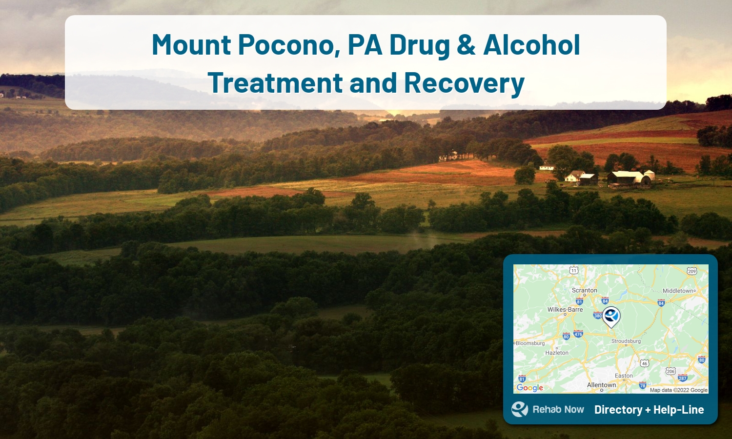 Need treatment nearby in Mount Pocono, Pennsylvania? Choose a drug/alcohol rehab center from our list, or call our hotline now for free help.