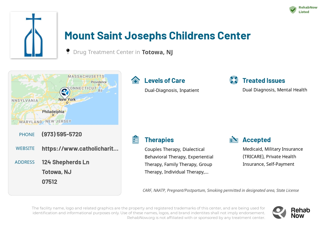 Helpful reference information for Mount Saint Josephs Childrens Center, a drug treatment center in New Jersey located at: 124 Shepherds Ln, Totowa, NJ 07512, including phone numbers, official website, and more. Listed briefly is an overview of Levels of Care, Therapies Offered, Issues Treated, and accepted forms of Payment Methods.
