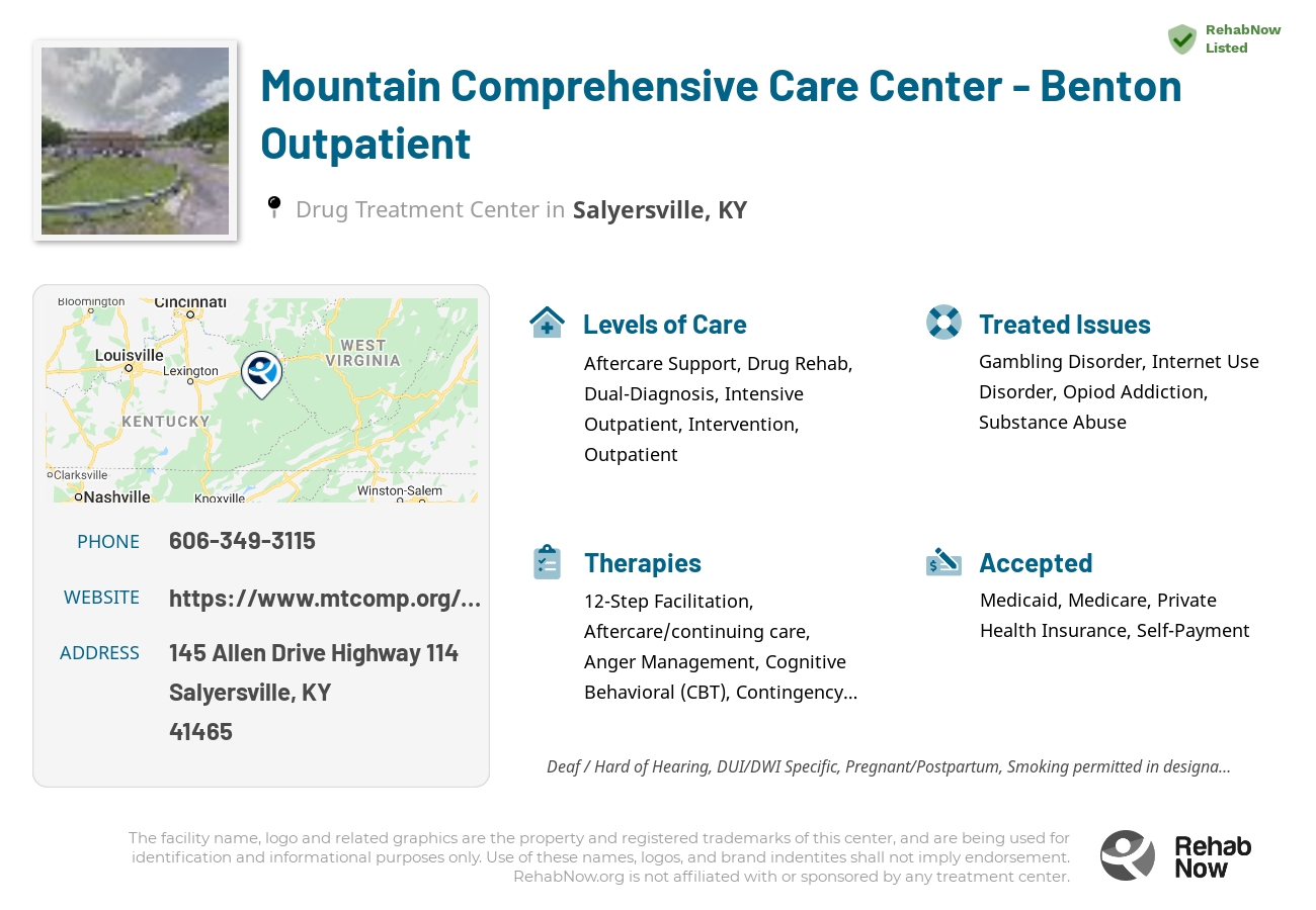 Helpful reference information for Mountain Comprehensive Care Center - Benton Outpatient, a drug treatment center in Kentucky located at: 145 Allen Drive Highway 114, Salyersville, KY 41465, including phone numbers, official website, and more. Listed briefly is an overview of Levels of Care, Therapies Offered, Issues Treated, and accepted forms of Payment Methods.