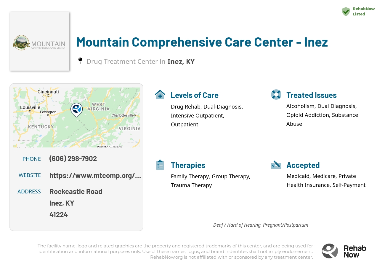 Helpful reference information for Mountain Comprehensive Care Center - Inez, a drug treatment center in Kentucky located at: Rockcastle Road, Inez, KY, 41224, including phone numbers, official website, and more. Listed briefly is an overview of Levels of Care, Therapies Offered, Issues Treated, and accepted forms of Payment Methods.