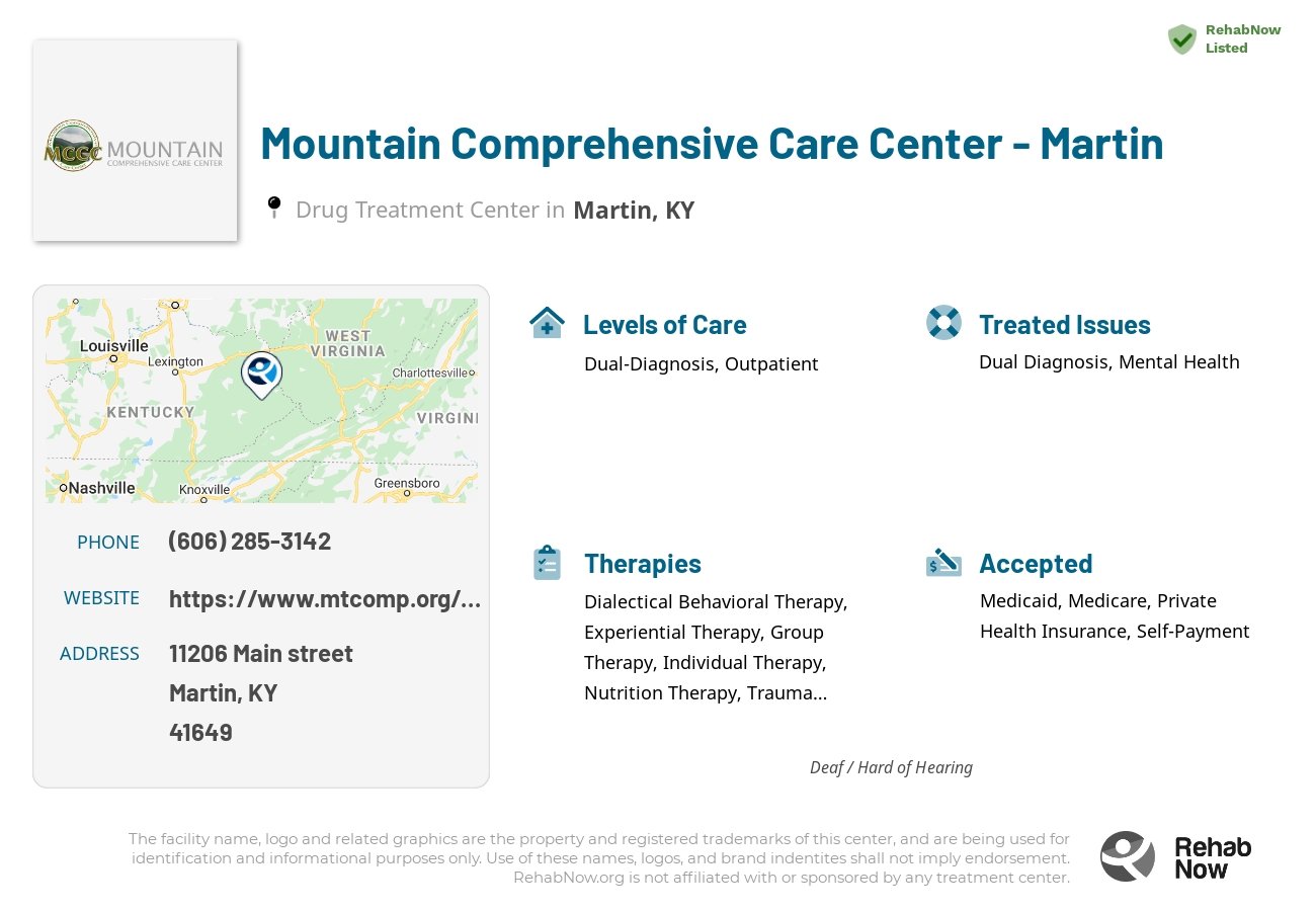 Helpful reference information for Mountain Comprehensive Care Center - Martin, a drug treatment center in Kentucky located at: 11206 Main street, Martin, KY, 41649, including phone numbers, official website, and more. Listed briefly is an overview of Levels of Care, Therapies Offered, Issues Treated, and accepted forms of Payment Methods.