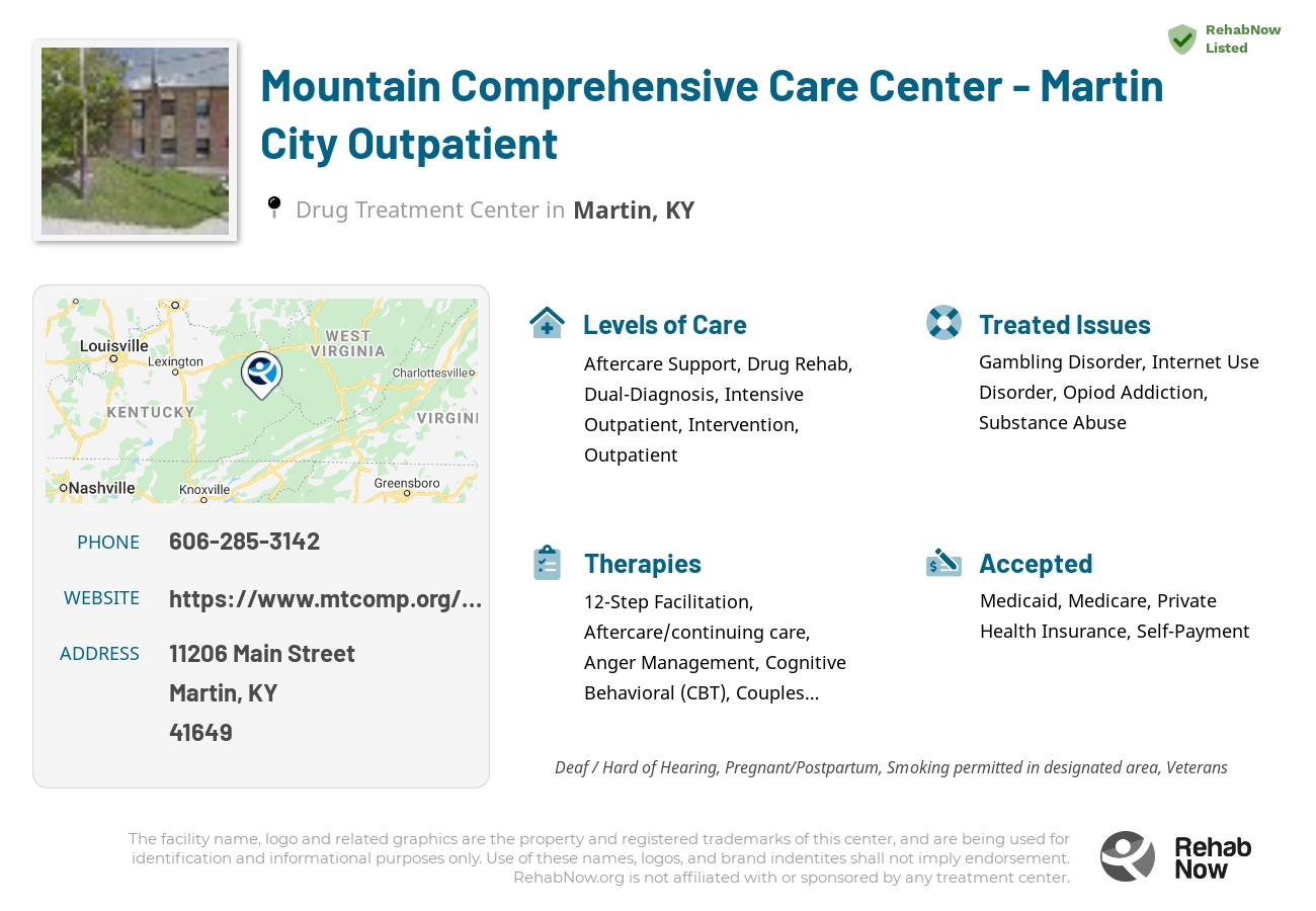 Helpful reference information for Mountain Comprehensive Care Center - Martin City Outpatient, a drug treatment center in Kentucky located at: 11206 Main Street, Martin, KY 41649, including phone numbers, official website, and more. Listed briefly is an overview of Levels of Care, Therapies Offered, Issues Treated, and accepted forms of Payment Methods.