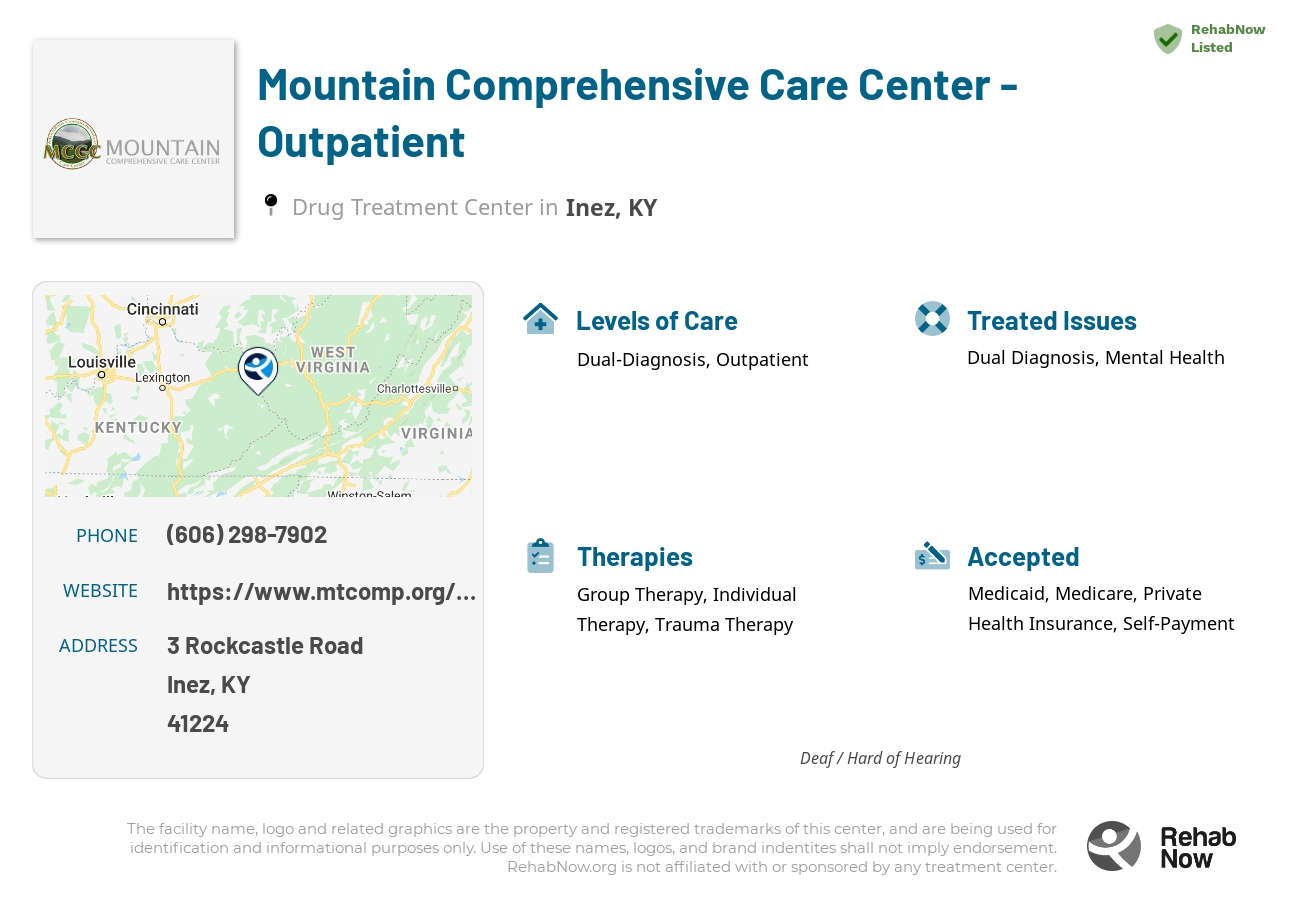 Helpful reference information for Mountain Comprehensive Care Center - Outpatient, a drug treatment center in Kentucky located at: 3 Rockcastle Road, Inez, KY, 41224, including phone numbers, official website, and more. Listed briefly is an overview of Levels of Care, Therapies Offered, Issues Treated, and accepted forms of Payment Methods.