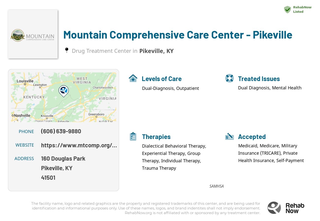 Helpful reference information for Mountain Comprehensive Care Center - Pikeville, a drug treatment center in Kentucky located at: 160 Douglas Park, Pikeville, KY, 41501, including phone numbers, official website, and more. Listed briefly is an overview of Levels of Care, Therapies Offered, Issues Treated, and accepted forms of Payment Methods.
