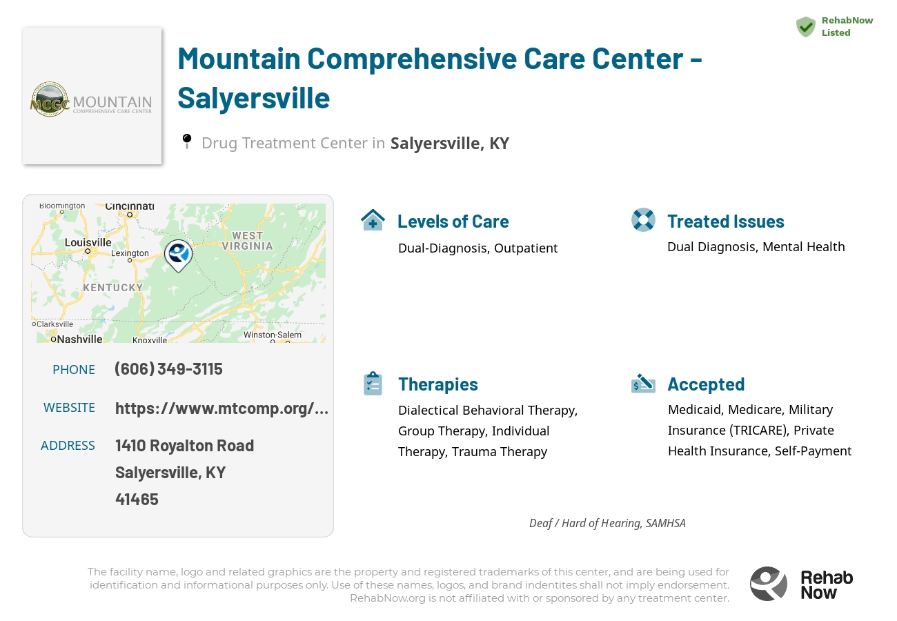 Helpful reference information for Mountain Comprehensive Care Center - Salyersville, a drug treatment center in Kentucky located at: 1410 Royalton Road, Salyersville, KY, 41465, including phone numbers, official website, and more. Listed briefly is an overview of Levels of Care, Therapies Offered, Issues Treated, and accepted forms of Payment Methods.