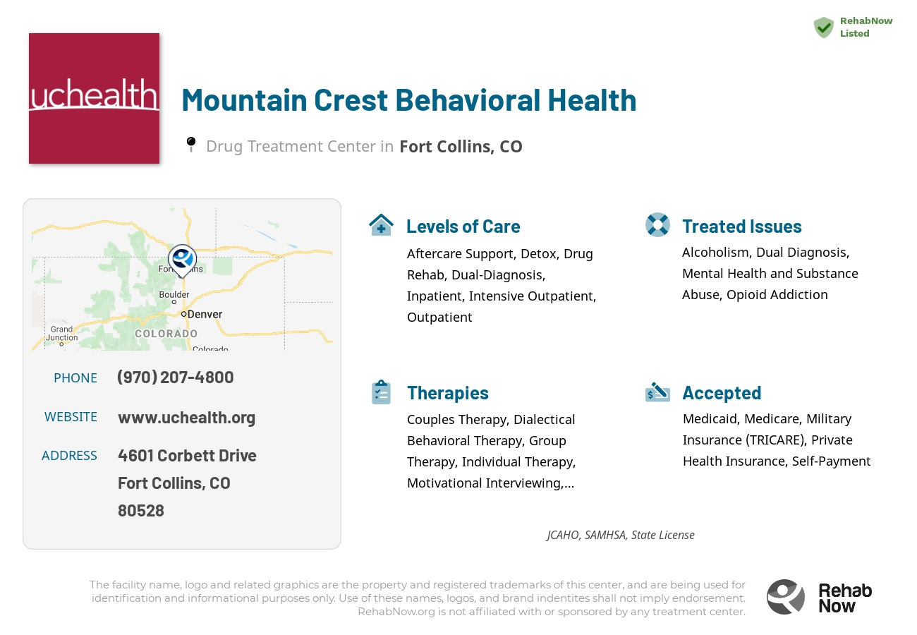 Helpful reference information for Mountain Crest Behavioral Health, a drug treatment center in Colorado located at: 4601 Corbett Drive, Fort Collins, CO, 80528, including phone numbers, official website, and more. Listed briefly is an overview of Levels of Care, Therapies Offered, Issues Treated, and accepted forms of Payment Methods.