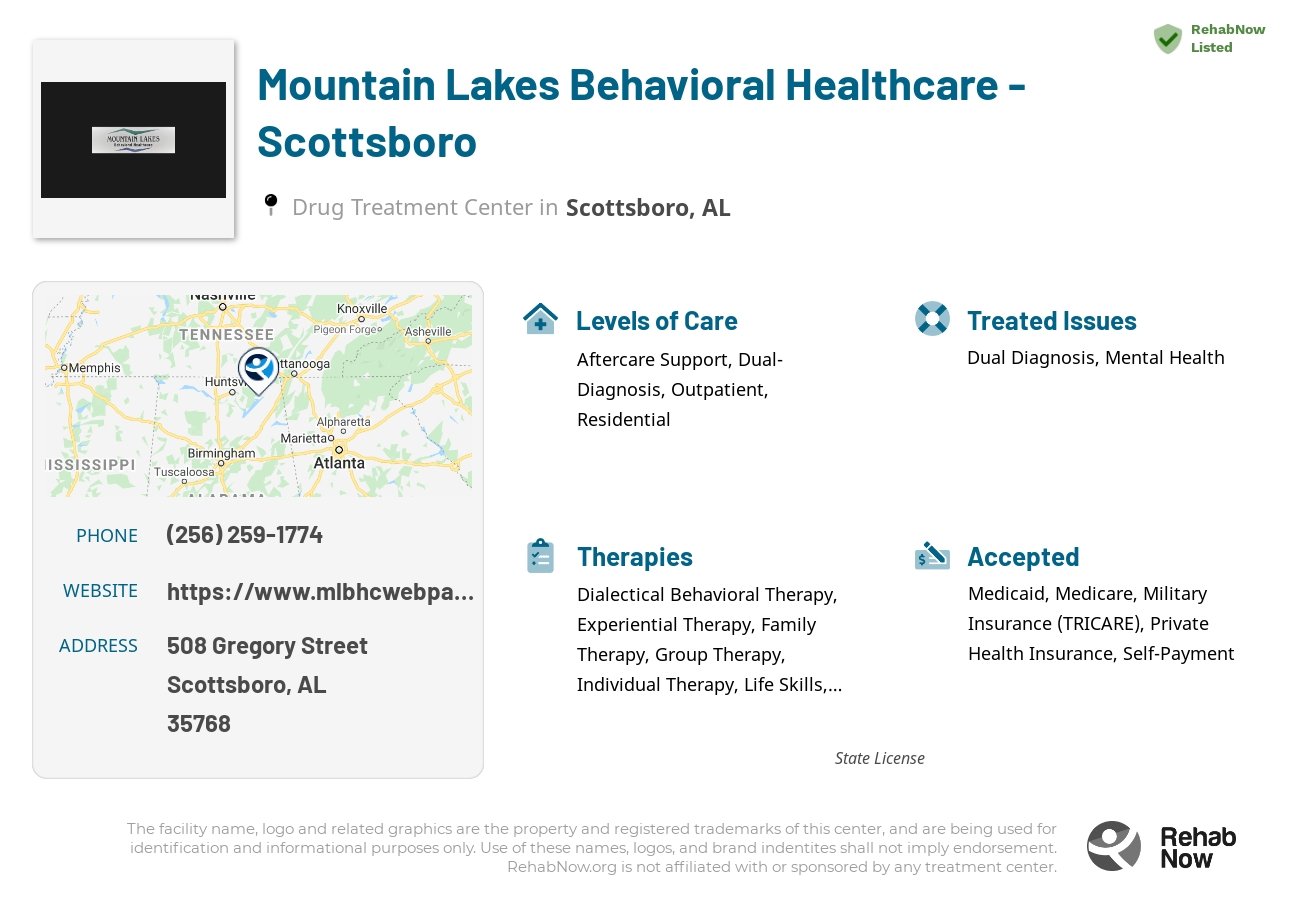 Helpful reference information for Mountain Lakes Behavioral Healthcare - Scottsboro, a drug treatment center in Alabama located at: 508 Gregory Street, Scottsboro, AL, 35768, including phone numbers, official website, and more. Listed briefly is an overview of Levels of Care, Therapies Offered, Issues Treated, and accepted forms of Payment Methods.