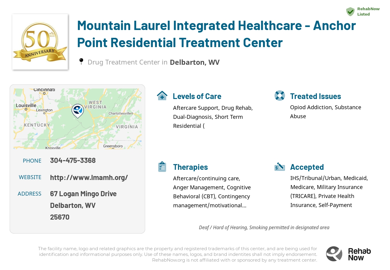 Helpful reference information for Mountain Laurel Integrated Healthcare - Anchor Point Residential Treatment Center, a drug treatment center in West Virginia located at: 67 Logan Mingo Drive, Delbarton, WV 25670, including phone numbers, official website, and more. Listed briefly is an overview of Levels of Care, Therapies Offered, Issues Treated, and accepted forms of Payment Methods.
