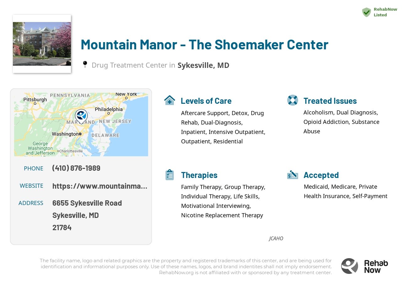 Helpful reference information for Mountain Manor - The Shoemaker Center, a drug treatment center in Maryland located at: 6655 Sykesville Road, Sykesville, MD, 21784, including phone numbers, official website, and more. Listed briefly is an overview of Levels of Care, Therapies Offered, Issues Treated, and accepted forms of Payment Methods.