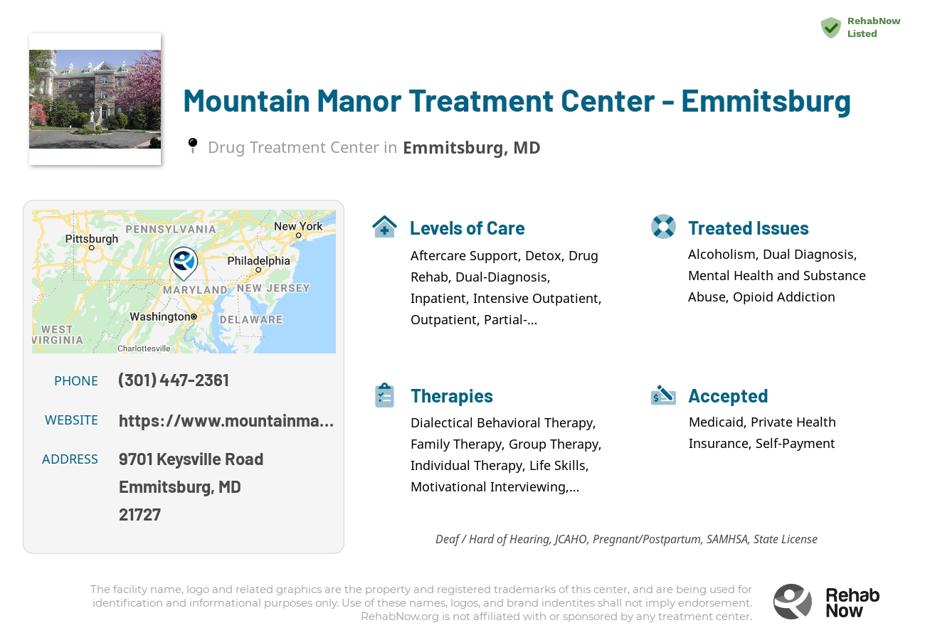 Helpful reference information for Mountain Manor Treatment Center - Emmitsburg, a drug treatment center in Maryland located at: 9701 Keysville Road, Emmitsburg, MD, 21727, including phone numbers, official website, and more. Listed briefly is an overview of Levels of Care, Therapies Offered, Issues Treated, and accepted forms of Payment Methods.