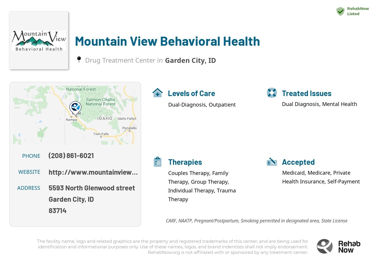 Helpful reference information for Mountain View Behavioral Health, a drug treatment center in Idaho located at: 5593 5593 North Glenwood street, Garden City, ID 83714, including phone numbers, official website, and more. Listed briefly is an overview of Levels of Care, Therapies Offered, Issues Treated, and accepted forms of Payment Methods.