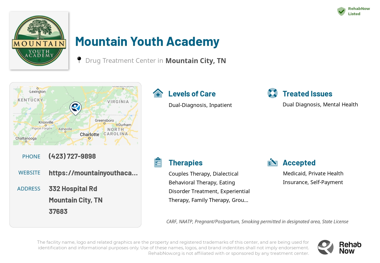 Helpful reference information for Mountain Youth Academy, a drug treatment center in Tennessee located at: 332 Hospital Rd, Mountain City, TN 37683, including phone numbers, official website, and more. Listed briefly is an overview of Levels of Care, Therapies Offered, Issues Treated, and accepted forms of Payment Methods.