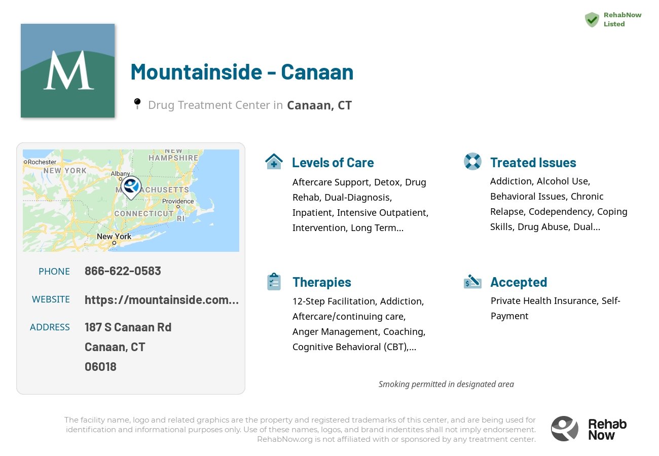 Helpful reference information for Mountainside - Canaan, a drug treatment center in Connecticut located at: 187 S Canaan Rd, Canaan, CT 06018, including phone numbers, official website, and more. Listed briefly is an overview of Levels of Care, Therapies Offered, Issues Treated, and accepted forms of Payment Methods.