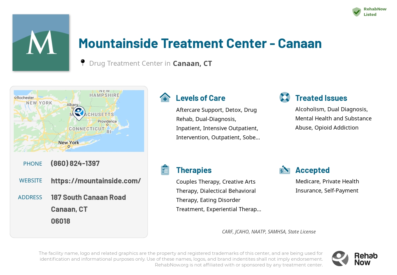 Helpful reference information for Mountainside Treatment Center - Canaan, a drug treatment center in Connecticut located at: 187 South Canaan Road, Route 7, Canaan, CT, 06018, including phone numbers, official website, and more. Listed briefly is an overview of Levels of Care, Therapies Offered, Issues Treated, and accepted forms of Payment Methods.