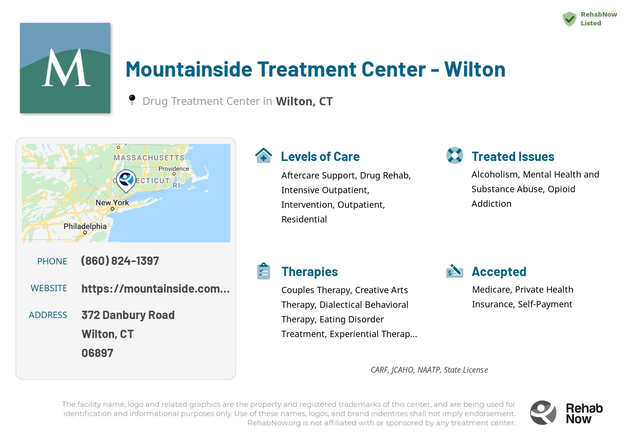 Helpful reference information for Mountainside Treatment Center - Wilton, a drug treatment center in Connecticut located at: 372 Danbury Road, Wilton, CT, 06897, including phone numbers, official website, and more. Listed briefly is an overview of Levels of Care, Therapies Offered, Issues Treated, and accepted forms of Payment Methods.