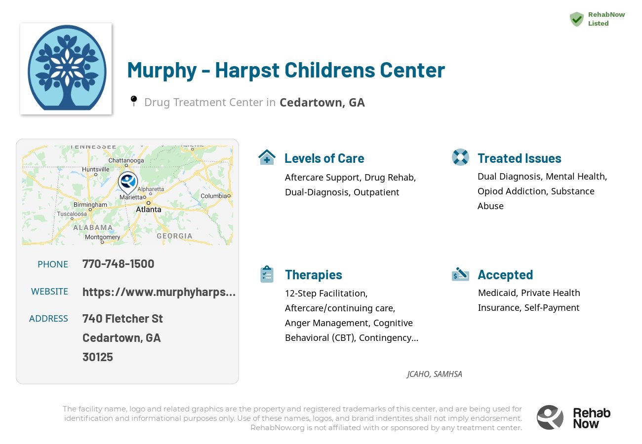 Helpful reference information for Murphy - Harpst Childrens Center, a drug treatment center in Georgia located at: 740 Fletcher St, Cedartown, GA 30125, including phone numbers, official website, and more. Listed briefly is an overview of Levels of Care, Therapies Offered, Issues Treated, and accepted forms of Payment Methods.
