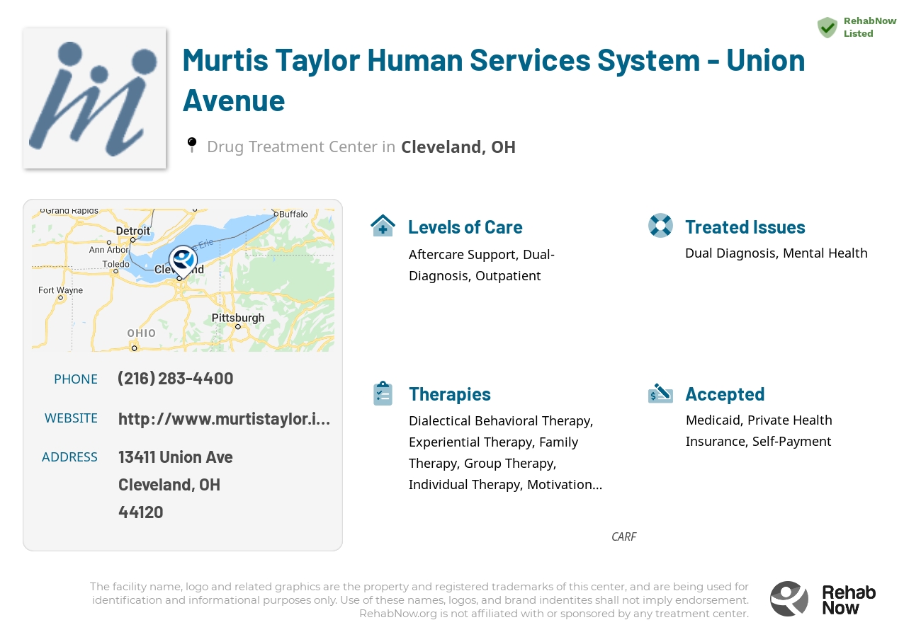 Helpful reference information for Murtis Taylor Human Services System - Union Avenue, a drug treatment center in Ohio located at: 13411 Union Ave, Cleveland, OH 44120, including phone numbers, official website, and more. Listed briefly is an overview of Levels of Care, Therapies Offered, Issues Treated, and accepted forms of Payment Methods.