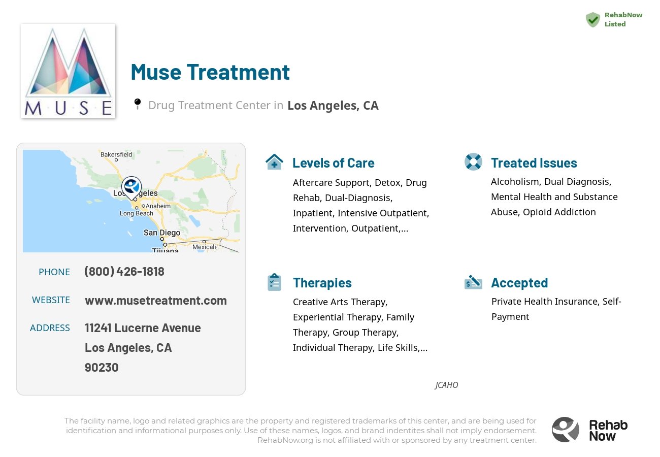 Helpful reference information for Muse Treatment, a drug treatment center in California located at: 11241 Lucerne Avenue, Los Angeles, CA, 90230, including phone numbers, official website, and more. Listed briefly is an overview of Levels of Care, Therapies Offered, Issues Treated, and accepted forms of Payment Methods.