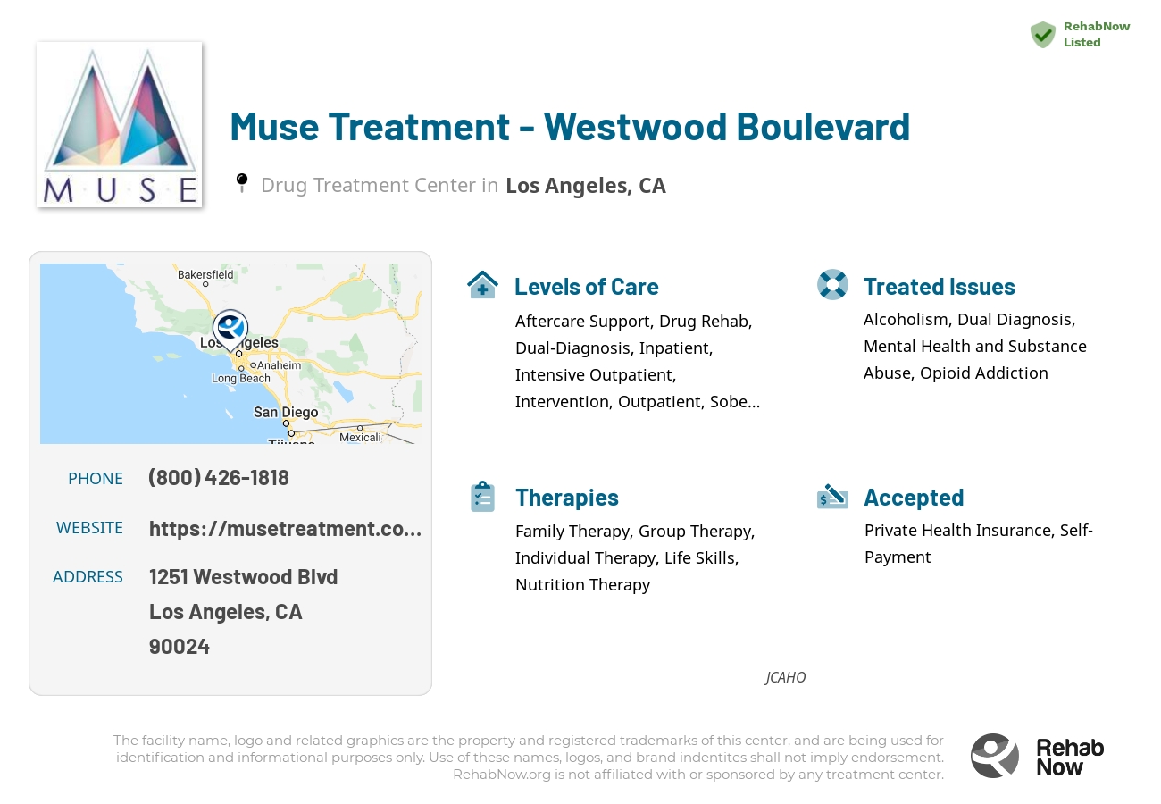 Helpful reference information for Muse Treatment - Westwood Boulevard, a drug treatment center in California located at: 1251 Westwood Blvd, Los Angeles, CA 90024, including phone numbers, official website, and more. Listed briefly is an overview of Levels of Care, Therapies Offered, Issues Treated, and accepted forms of Payment Methods.