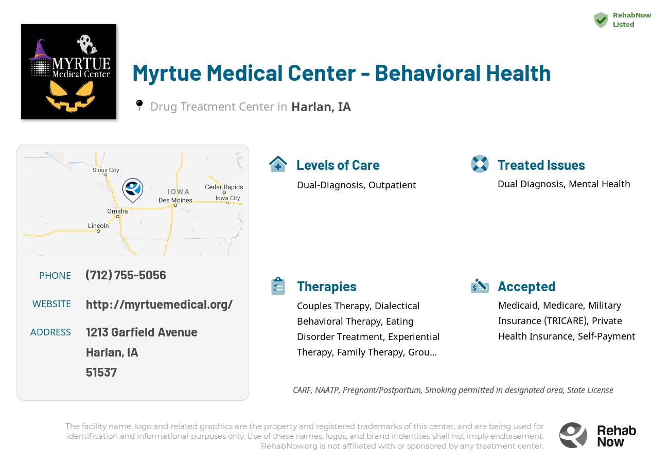 Helpful reference information for Myrtue Medical Center - Behavioral Health, a drug treatment center in Iowa located at: 1213 Garfield Avenue, Harlan, IA, 51537, including phone numbers, official website, and more. Listed briefly is an overview of Levels of Care, Therapies Offered, Issues Treated, and accepted forms of Payment Methods.