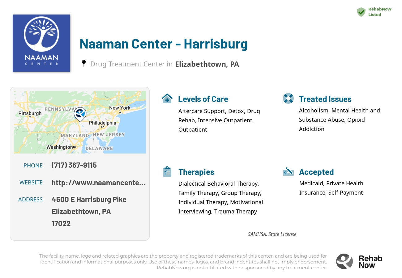 Helpful reference information for Naaman Center - Harrisburg, a drug treatment center in Pennsylvania located at: 4600 E Harrisburg Pike, Elizabethtown, PA 17022, including phone numbers, official website, and more. Listed briefly is an overview of Levels of Care, Therapies Offered, Issues Treated, and accepted forms of Payment Methods.