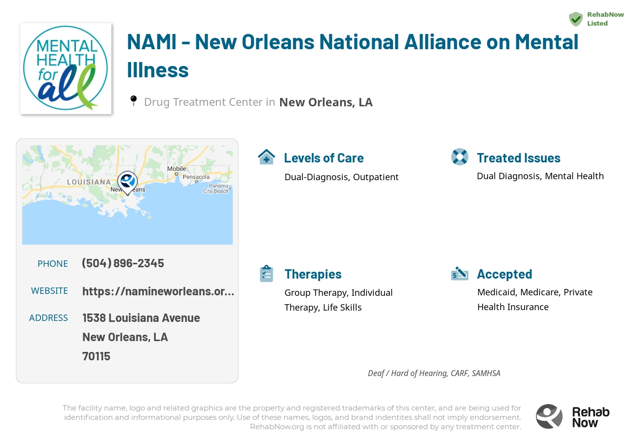 Helpful reference information for NAMI - New Orleans National Alliance on Mental Illness, a drug treatment center in Louisiana located at: 1538 1538 Louisiana Avenue, New Orleans, LA 70115, including phone numbers, official website, and more. Listed briefly is an overview of Levels of Care, Therapies Offered, Issues Treated, and accepted forms of Payment Methods.