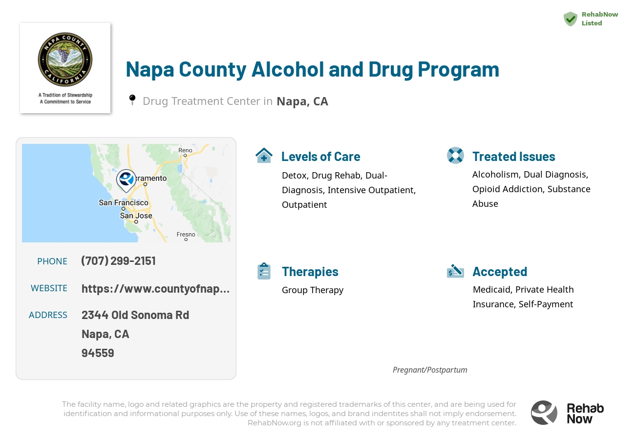 Helpful reference information for Napa County Alcohol and Drug Program, a drug treatment center in California located at: 2344 Old Sonoma Rd, Napa, CA 94559, including phone numbers, official website, and more. Listed briefly is an overview of Levels of Care, Therapies Offered, Issues Treated, and accepted forms of Payment Methods.