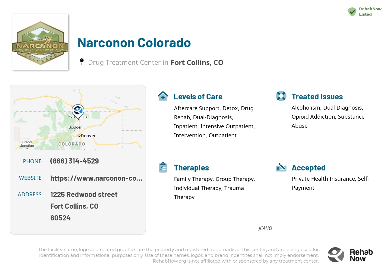 Helpful reference information for Narconon Colorado, a drug treatment center in Colorado located at: 1225 Redwood street, Fort Collins, CO, 80524, including phone numbers, official website, and more. Listed briefly is an overview of Levels of Care, Therapies Offered, Issues Treated, and accepted forms of Payment Methods.