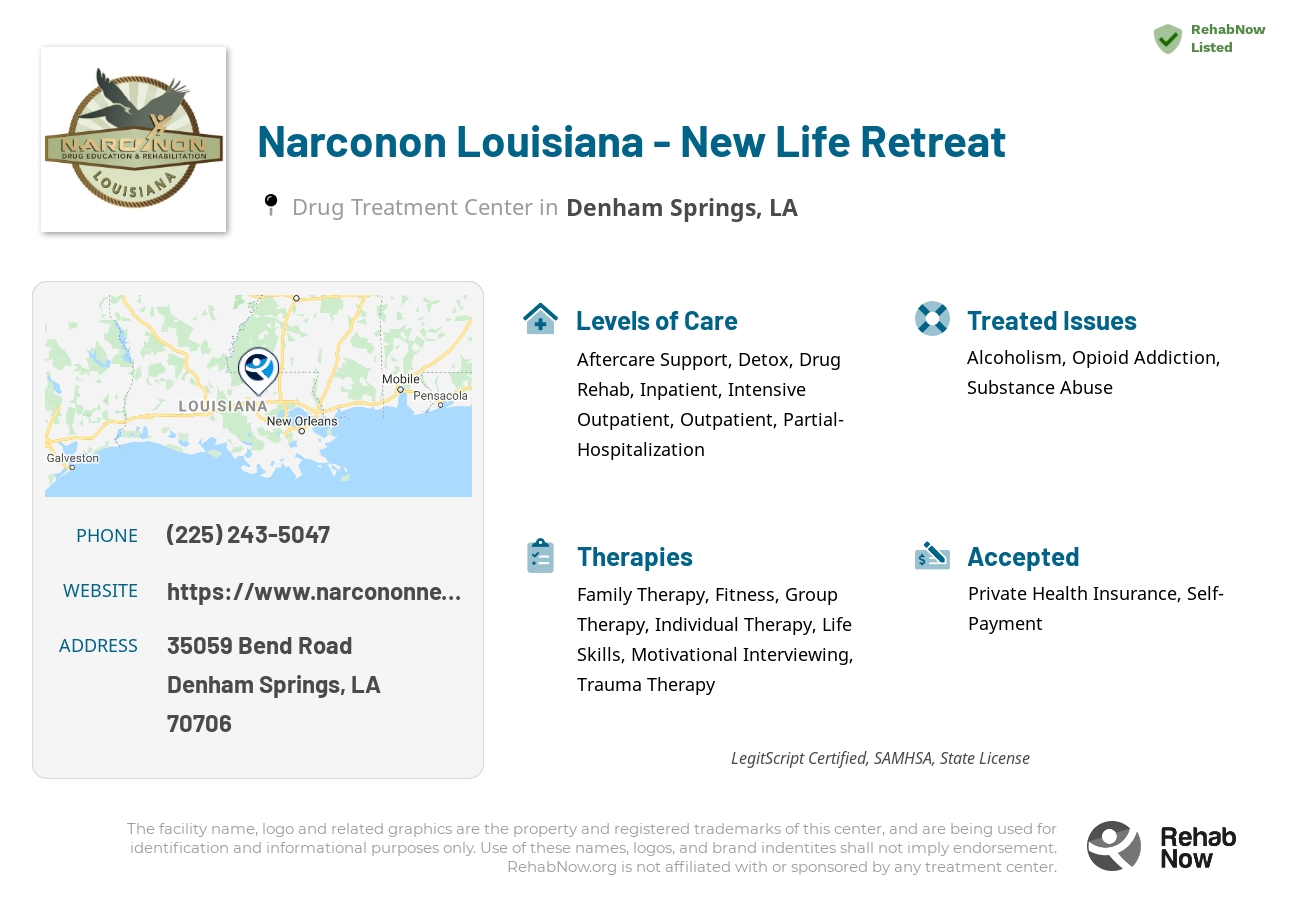 Helpful reference information for Narconon Louisiana New Life Retreat, a drug treatment center in Louisiana located at: 35059 Bend Road, Denham Springs, LA 70706, including phone numbers, official website, and more. Listed briefly is an overview of Levels of Care, Therapies Offered, Issues Treated, and accepted forms of Payment Methods.
