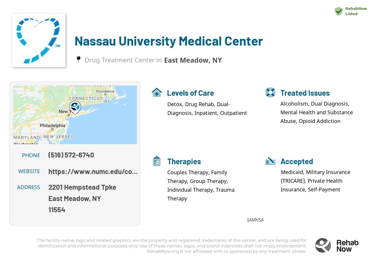 Helpful reference information for Nassau University Medical Center, a drug treatment center in New York located at: 2201 Hempstead Tpke, East Meadow, NY 11554, including phone numbers, official website, and more. Listed briefly is an overview of Levels of Care, Therapies Offered, Issues Treated, and accepted forms of Payment Methods.
