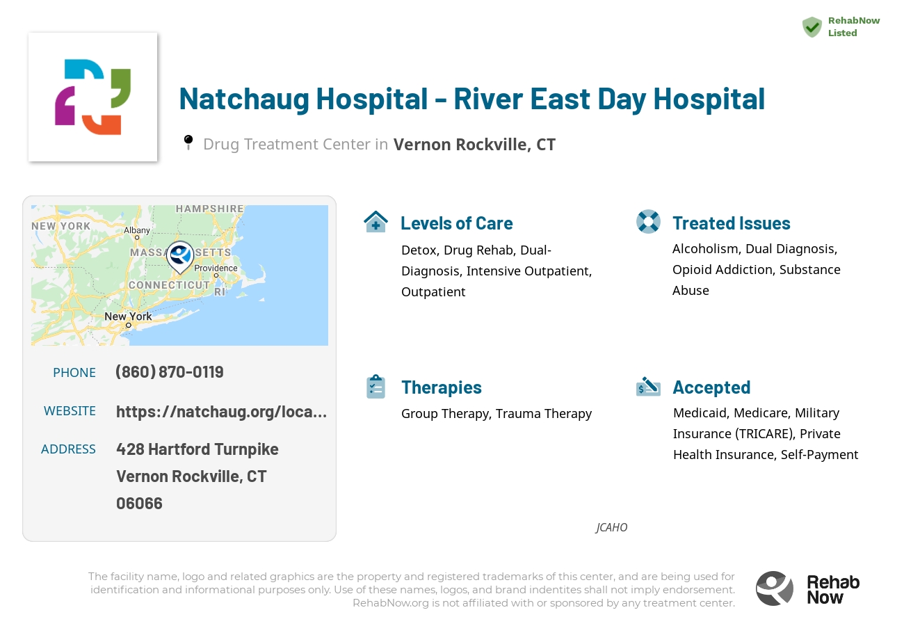 Helpful reference information for Natchaug Hospital - River East Day Hospital, a drug treatment center in Connecticut located at: 428 Hartford Turnpike, Vernon Rockville, CT, 06066, including phone numbers, official website, and more. Listed briefly is an overview of Levels of Care, Therapies Offered, Issues Treated, and accepted forms of Payment Methods.