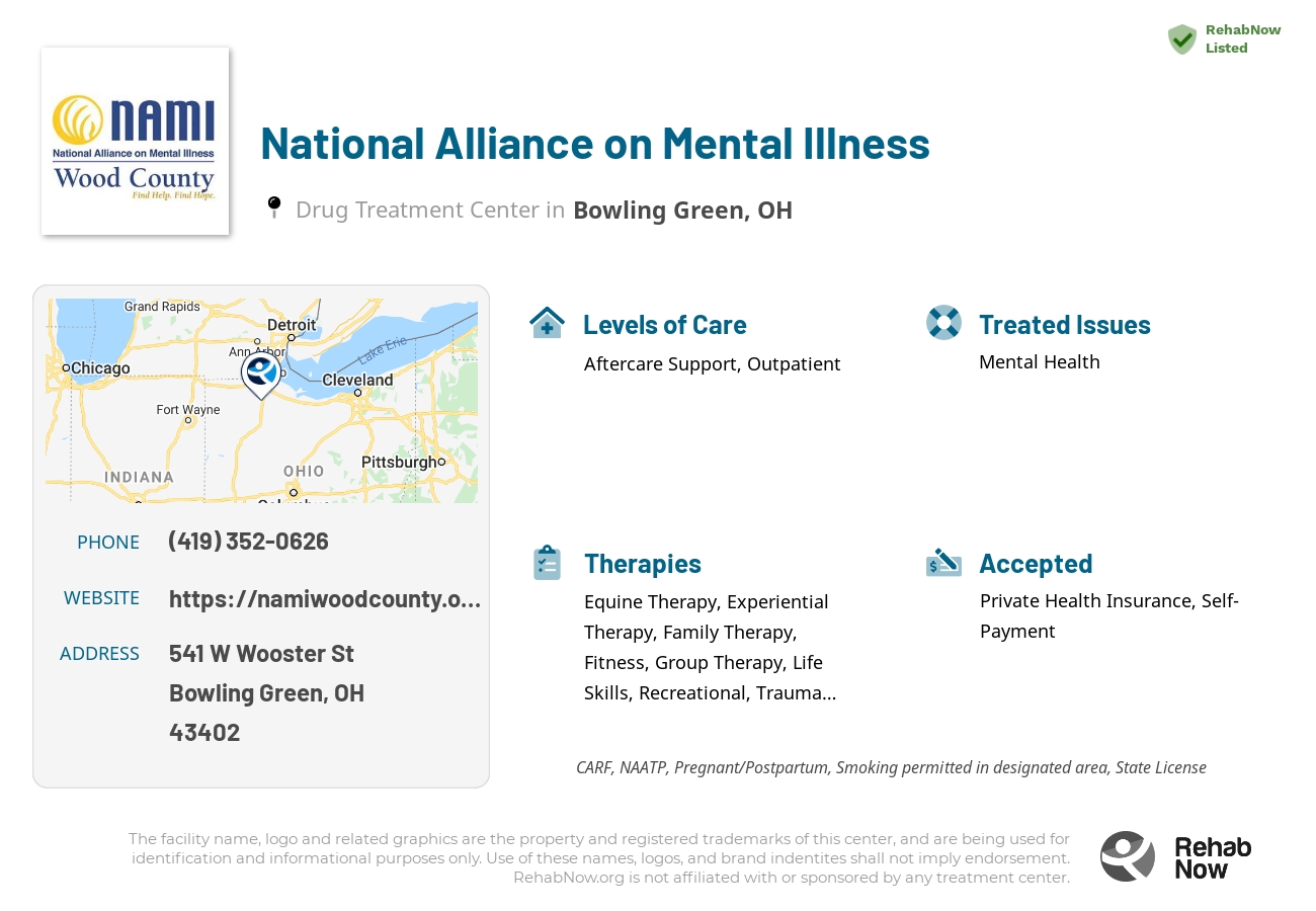 Helpful reference information for National Alliance on Mental Illness, a drug treatment center in Ohio located at: 541 W Wooster St, Bowling Green, OH 43402, including phone numbers, official website, and more. Listed briefly is an overview of Levels of Care, Therapies Offered, Issues Treated, and accepted forms of Payment Methods.