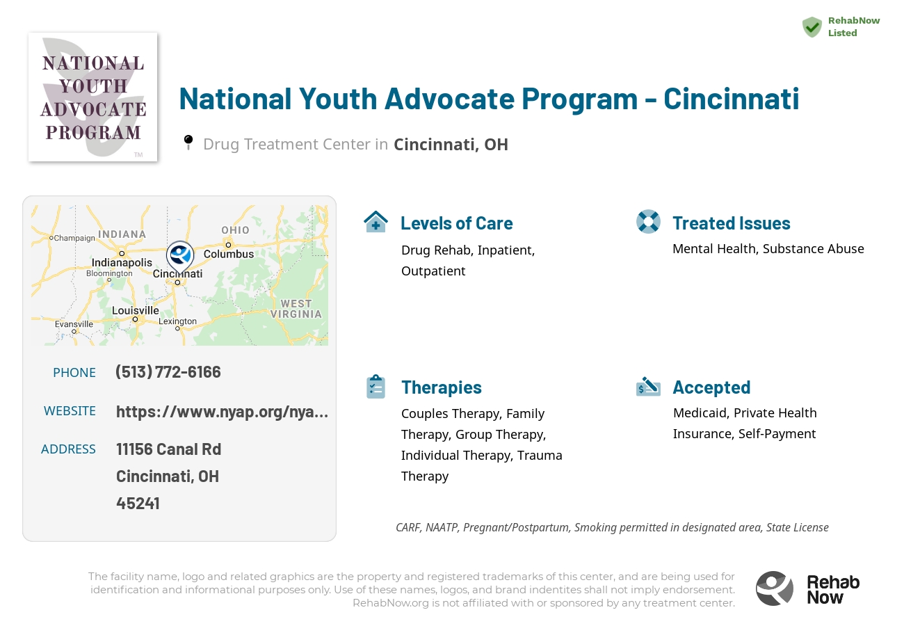 Helpful reference information for National Youth Advocate Program - Cincinnati, a drug treatment center in Ohio located at: 11156 Canal Rd. Suite A., Cincinnati, OH, 45241, including phone numbers, official website, and more. Listed briefly is an overview of Levels of Care, Therapies Offered, Issues Treated, and accepted forms of Payment Methods.