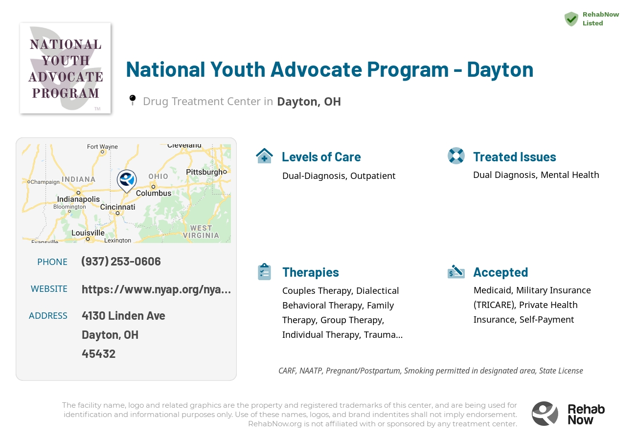 Helpful reference information for National Youth Advocate Program - Dayton, a drug treatment center in Ohio located at: 4130 Linden Ave, Dayton, OH 45432, including phone numbers, official website, and more. Listed briefly is an overview of Levels of Care, Therapies Offered, Issues Treated, and accepted forms of Payment Methods.
