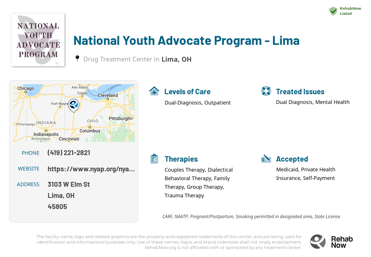 Helpful reference information for National Youth Advocate Program - Lima, a drug treatment center in Ohio located at: 3103 W Elm St, Lima, OH 45805, including phone numbers, official website, and more. Listed briefly is an overview of Levels of Care, Therapies Offered, Issues Treated, and accepted forms of Payment Methods.