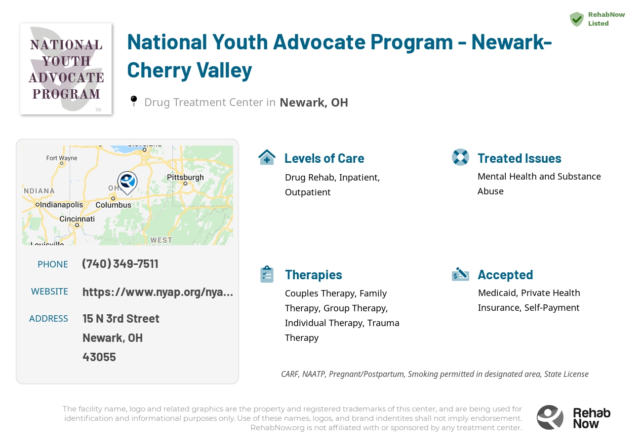 Helpful reference information for National Youth Advocate Program - Newark-Cherry Valley, a drug treatment center in Ohio located at: 15 N 3rd Street, Newark, OH, 43055, including phone numbers, official website, and more. Listed briefly is an overview of Levels of Care, Therapies Offered, Issues Treated, and accepted forms of Payment Methods.