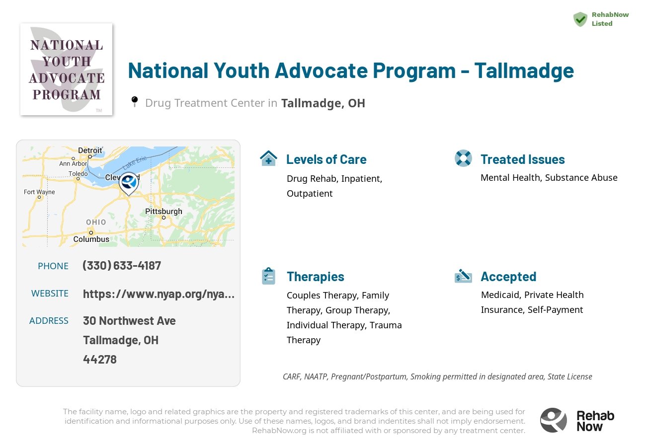 Helpful reference information for National Youth Advocate Program - Tallmadge, a drug treatment center in Ohio located at: 30 Northwest Ave. Suite 120, Tallmadge, OH, 44278, including phone numbers, official website, and more. Listed briefly is an overview of Levels of Care, Therapies Offered, Issues Treated, and accepted forms of Payment Methods.
