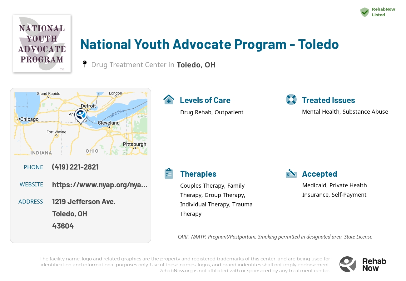 Helpful reference information for National Youth Advocate Program - Toledo, a drug treatment center in Ohio located at: 1219 Jefferson Ave., Toledo, OH, 43604, including phone numbers, official website, and more. Listed briefly is an overview of Levels of Care, Therapies Offered, Issues Treated, and accepted forms of Payment Methods.