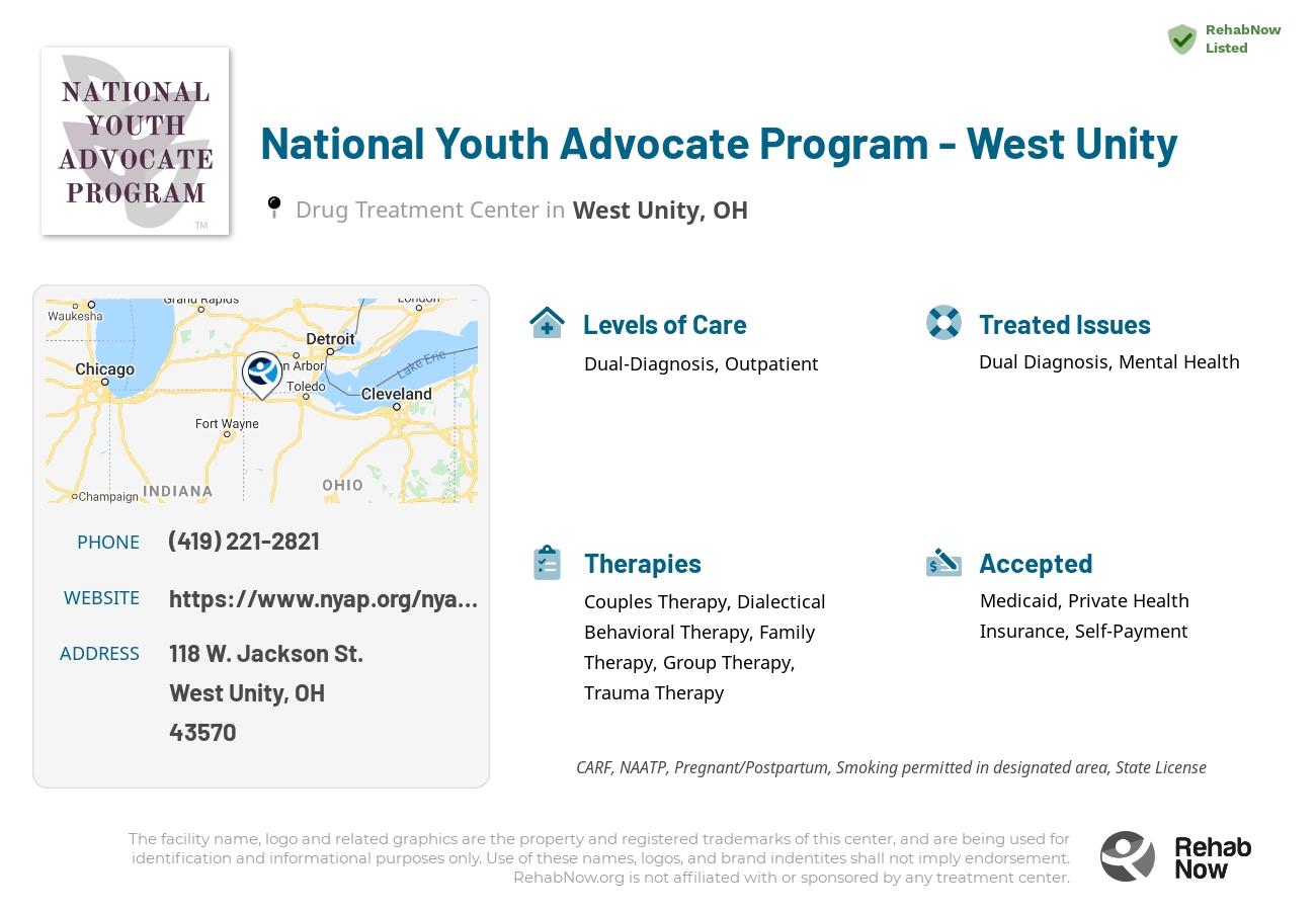 Helpful reference information for National Youth Advocate Program - West Unity, a drug treatment center in Ohio located at: 118 W. Jackson St., West Unity, OH, 43570, including phone numbers, official website, and more. Listed briefly is an overview of Levels of Care, Therapies Offered, Issues Treated, and accepted forms of Payment Methods.