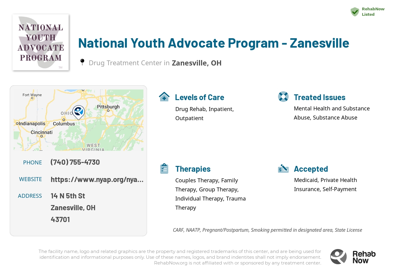 Helpful reference information for National Youth Advocate Program - Zanesville, a drug treatment center in Ohio located at: 14 N. 5th Street Suite 126, Zanesville, OH, 43701, including phone numbers, official website, and more. Listed briefly is an overview of Levels of Care, Therapies Offered, Issues Treated, and accepted forms of Payment Methods.