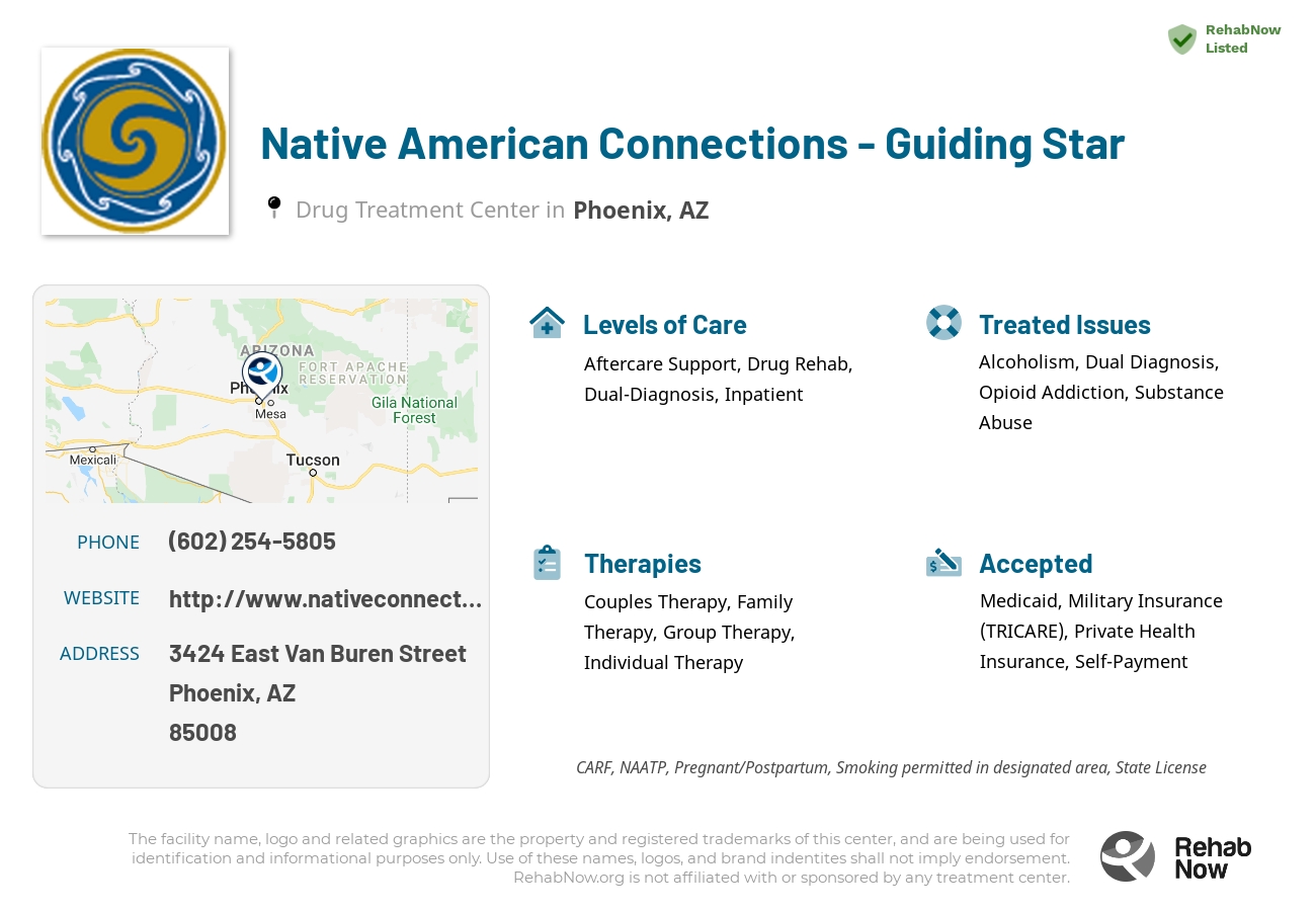 Helpful reference information for Native American Connections - Guiding Star, a drug treatment center in Arizona located at: 3424 East Van Buren Street, Phoenix, AZ, 85008, including phone numbers, official website, and more. Listed briefly is an overview of Levels of Care, Therapies Offered, Issues Treated, and accepted forms of Payment Methods.