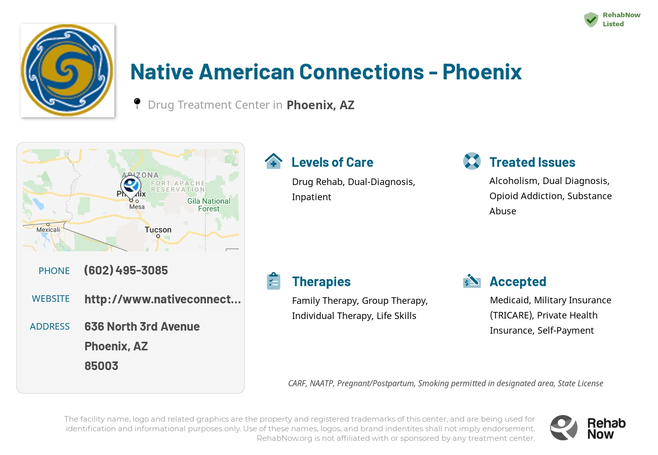 Helpful reference information for Native American Connections - Phoenix, a drug treatment center in Arizona located at: 636 North 3rd Avenue, Phoenix, AZ, 85003, including phone numbers, official website, and more. Listed briefly is an overview of Levels of Care, Therapies Offered, Issues Treated, and accepted forms of Payment Methods.