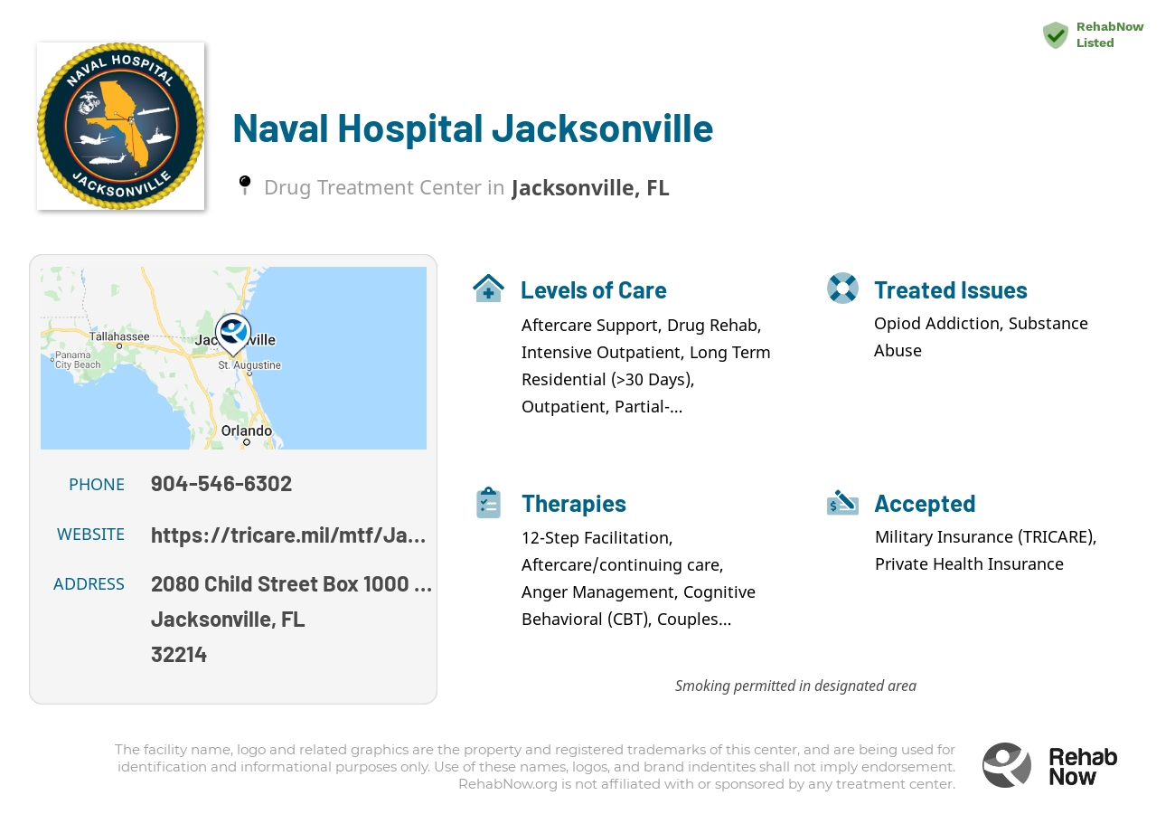 Helpful reference information for Naval Hospital Jacksonville, a drug treatment center in Florida located at: 2080 Child Street Box 1000 Naval Air Station Jacksonville, Jacksonville, FL 32214, including phone numbers, official website, and more. Listed briefly is an overview of Levels of Care, Therapies Offered, Issues Treated, and accepted forms of Payment Methods.