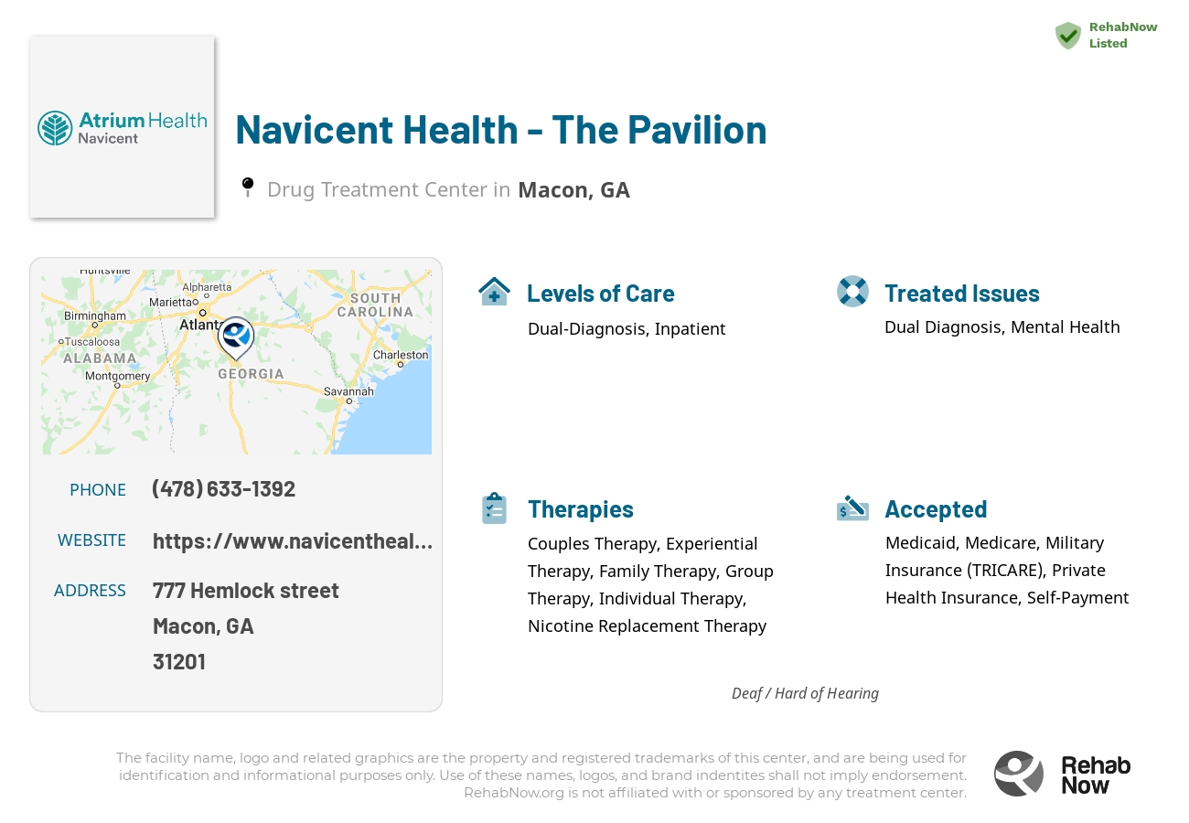Helpful reference information for Navicent Health - The Pavilion, a drug treatment center in Georgia located at: 777 777 Hemlock street, Macon, GA 31201, including phone numbers, official website, and more. Listed briefly is an overview of Levels of Care, Therapies Offered, Issues Treated, and accepted forms of Payment Methods.