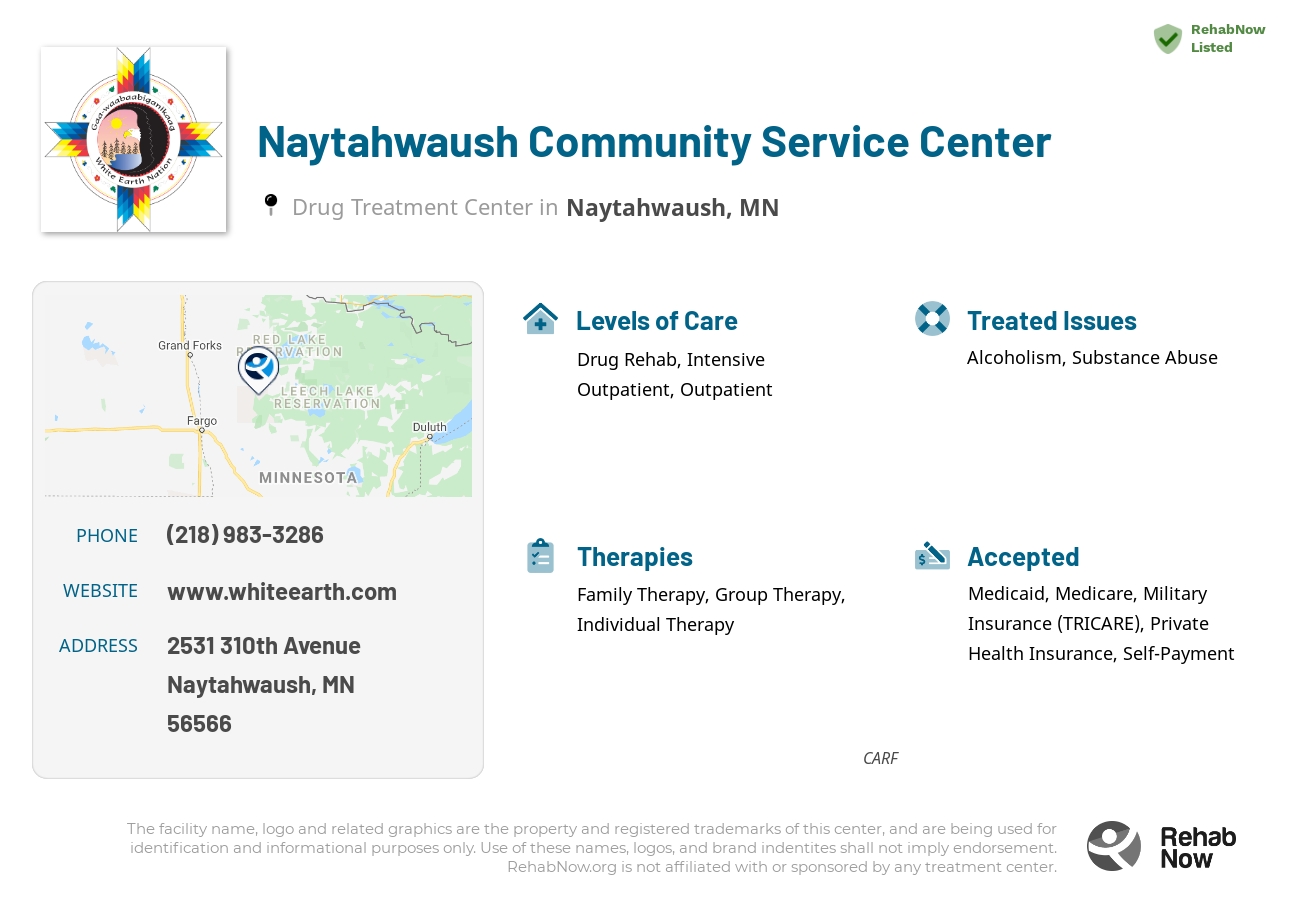 Helpful reference information for Naytahwaush Community Service Center, a drug treatment center in Minnesota located at: 2531 310th Avenue, Naytahwaush, MN 56566, including phone numbers, official website, and more. Listed briefly is an overview of Levels of Care, Therapies Offered, Issues Treated, and accepted forms of Payment Methods.